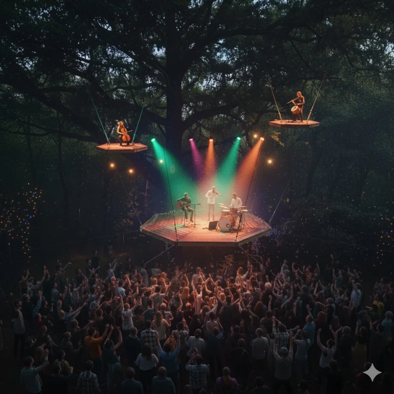 Concerts et spectacles perchés dans les arbres - scénographie nature en Bretagne