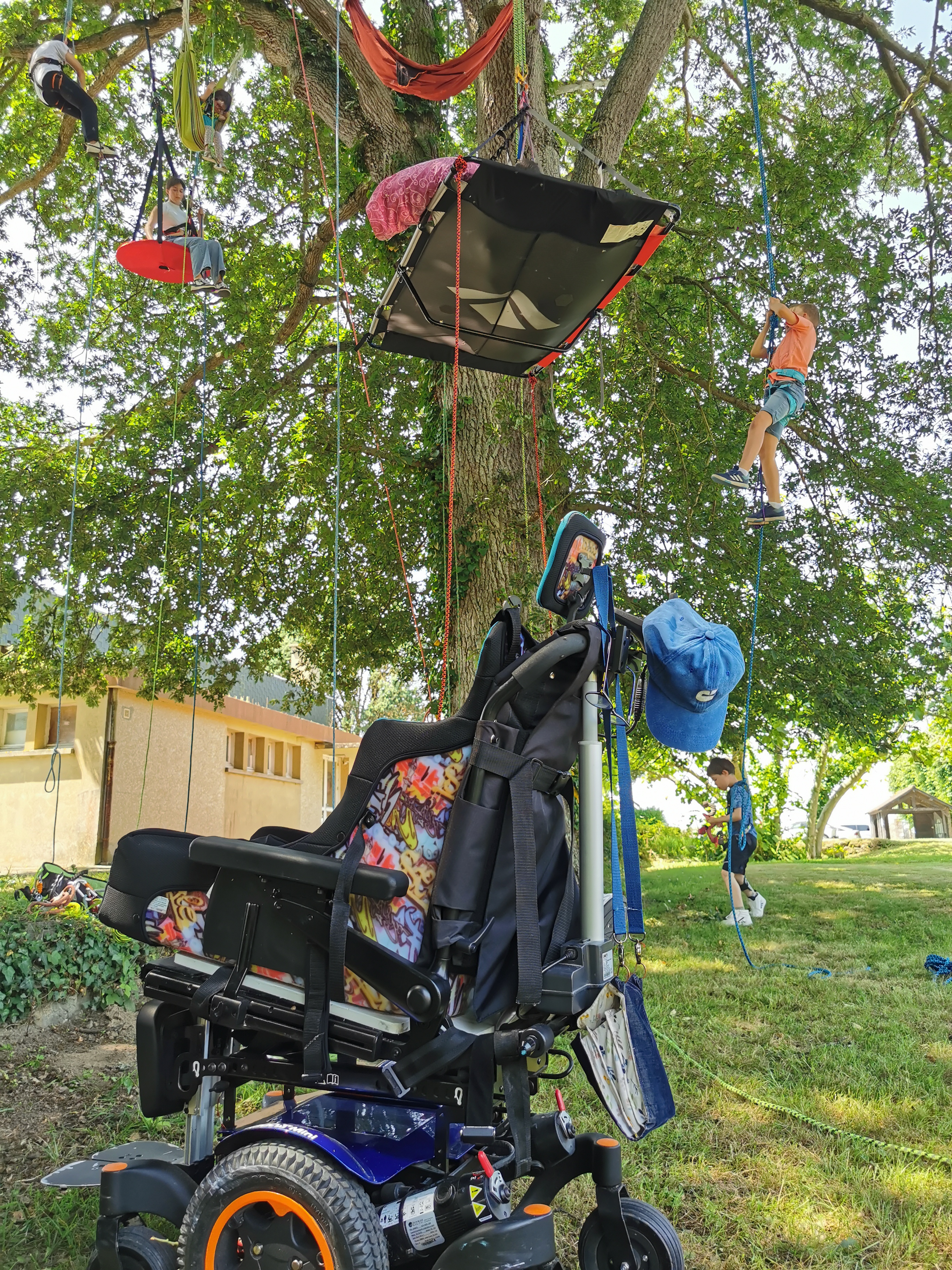 Atelier thérapeutique grimpe d'arbre - personne en situation de handicap grimpant dans les arbres avec accompagnement - Beaussais-sur-Mer Bretagne